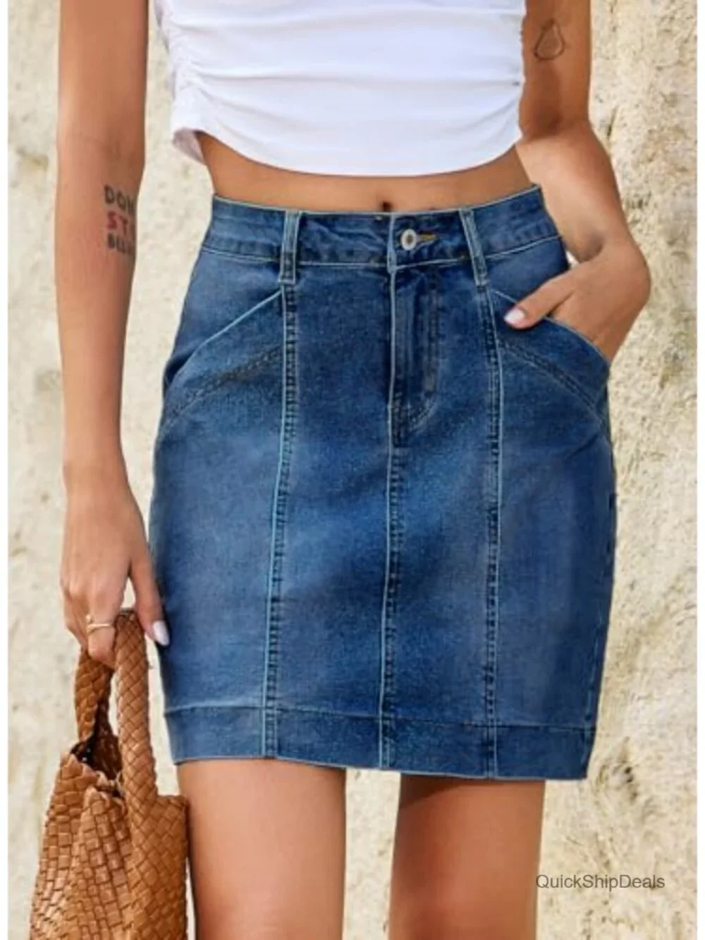 High Waisted Stretch Mini Denim Skirt with Pockets